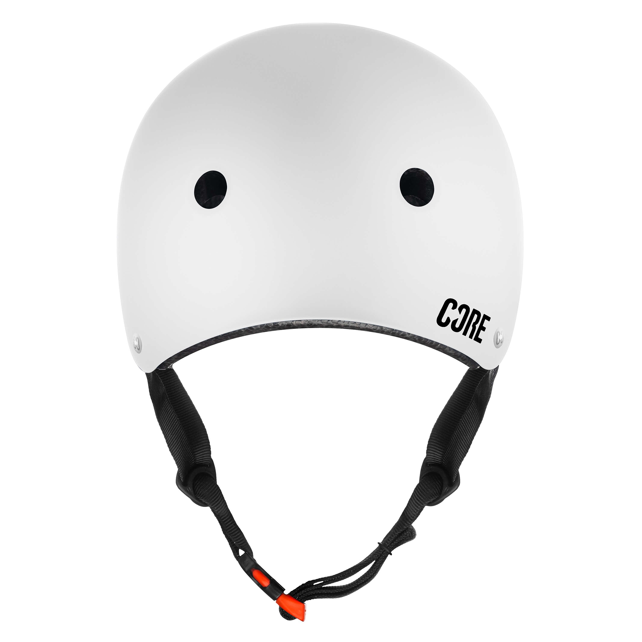 The CORE Action Sports Skate / Scooter Helmet in white by CORE features black straps and ventilation holes, designed for comfort and style, shown front-facing against a plain background.