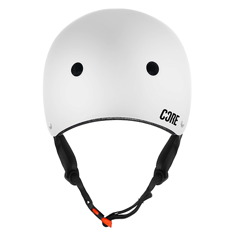 The CORE Action Sports Skate / Scooter Helmet in white by CORE features black straps and ventilation holes, designed for comfort and style, shown front-facing against a plain background.