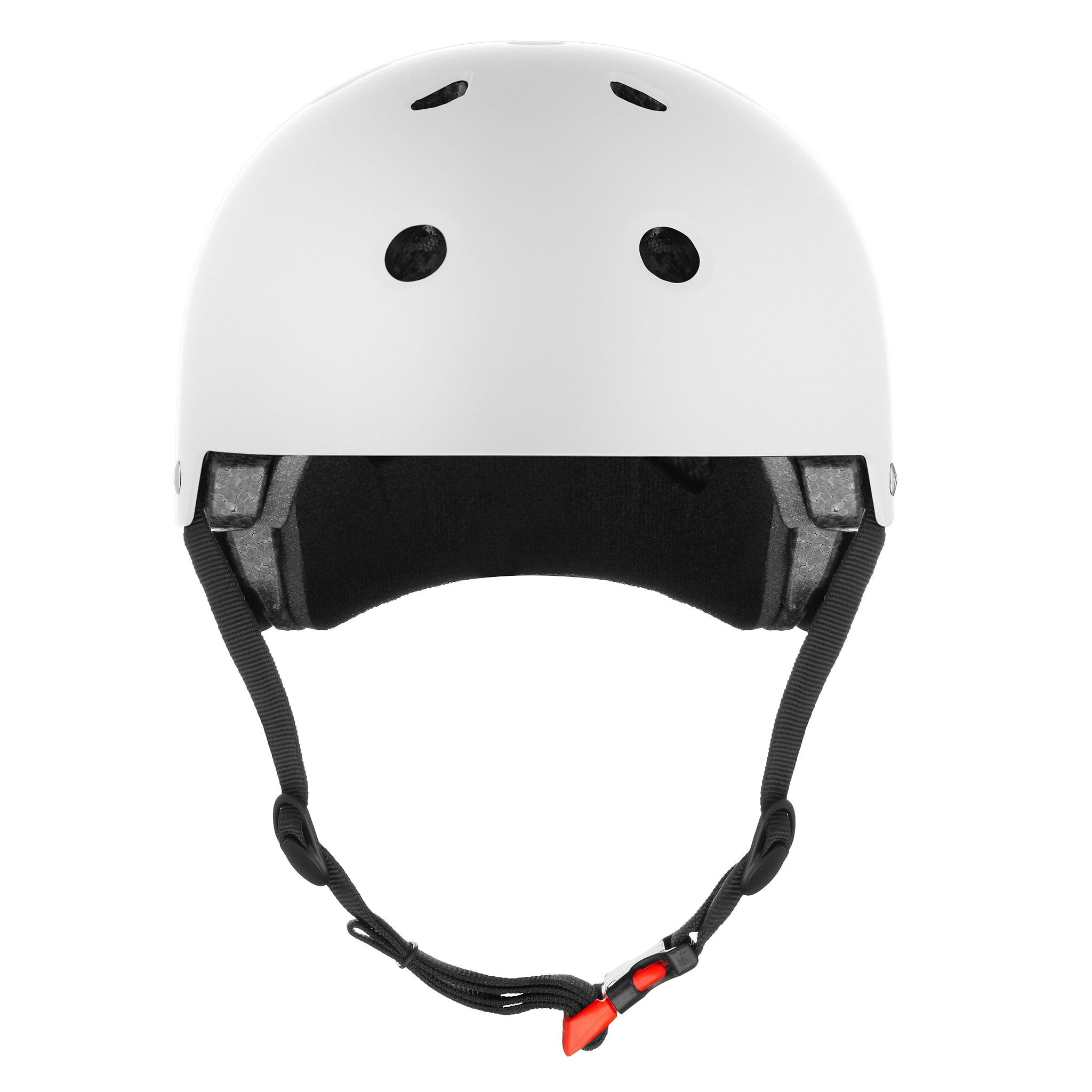 The CORE Action Sports Skate / Scooter Helmet in white features black interior padding, ventilation holes, and an adjustable black chin strap with a red buckle, all from the trusted brand CORE.