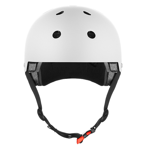 The CORE Action Sports Skate / Scooter Helmet in white features black interior padding, ventilation holes, and an adjustable black chin strap with a red buckle, all from the trusted brand CORE.