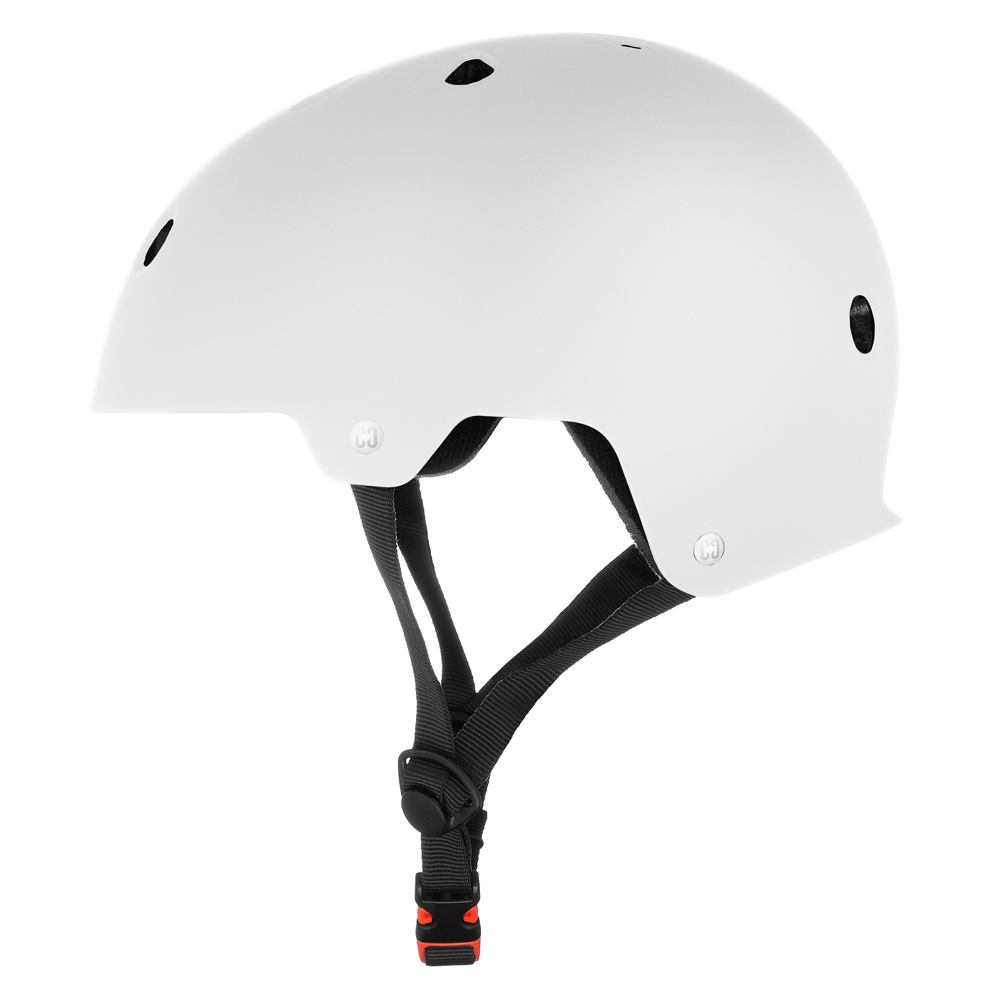 The CORE Action Sports Skate/Scooter Helmet in white features black adjustable straps, a black buckle, and ventilation holes for comfort. Shown from the side against a plain white background. Brand: CORE.