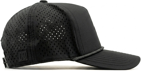 Introducing the CORE Aero Rope Cap - Black by CORE: a trucker-style performance cap featuring a solid front panel, breathable mesh back with small holes, a curved brim, braided detail above the brim, and finished with the signature CORE logo. This cap seamlessly combines classic style and functional design.