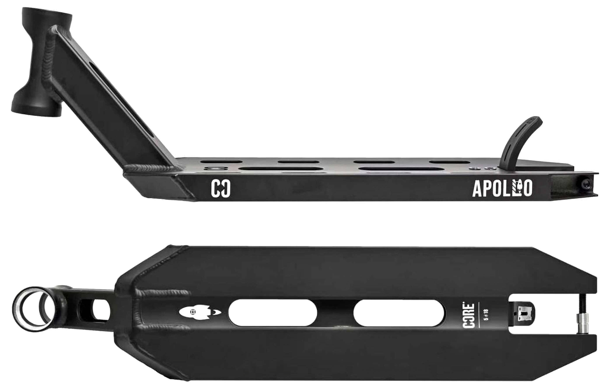The CORE Apollo Black Stunt Scooter Deck - 5" features "APOLLO" and "CO" on the side, a cutout design on the bottom with "CORE" near the rear, showcasing its lightweight yet durable CORE brand construction.