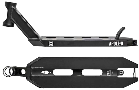 The CORE Apollo Black Stunt Scooter Deck - 5" features "APOLLO" and "CO" on the side, a cutout design on the bottom with "CORE" near the rear, showcasing its lightweight yet durable CORE brand construction.