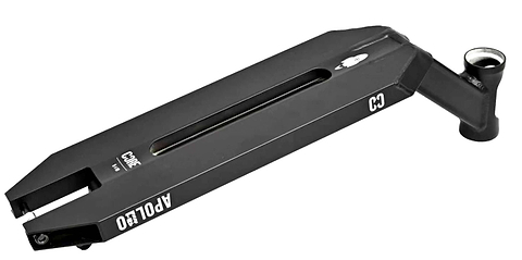The CORE Apollo Black Stunt Scooter Deck - 5" is a lightweight, black deck with a center cutout, white "CORE" and "APOLLO" branding, and an angled neck—ideal for stunt scooter riders.
