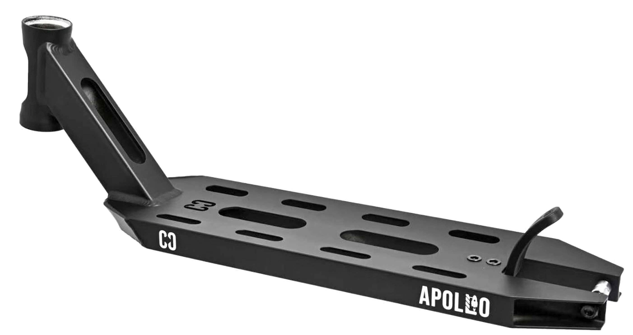 The CORE Apollo Black Stunt Scooter Deck - 5" features cut-out slots, an angled head tube, "APOLLO" in white lettering, a flat platform, and an upward curved back end for style and performance.
