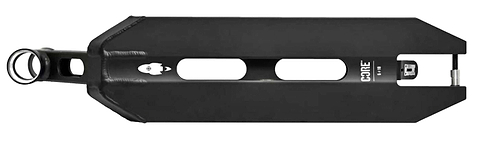 The CORE Apollo Black Stunt Scooter Deck - 5" features a rectangular, lightweight black design with two long center cutouts, visible welds, a rounded head tube on the left side, and "CORE" branding printed on the side.