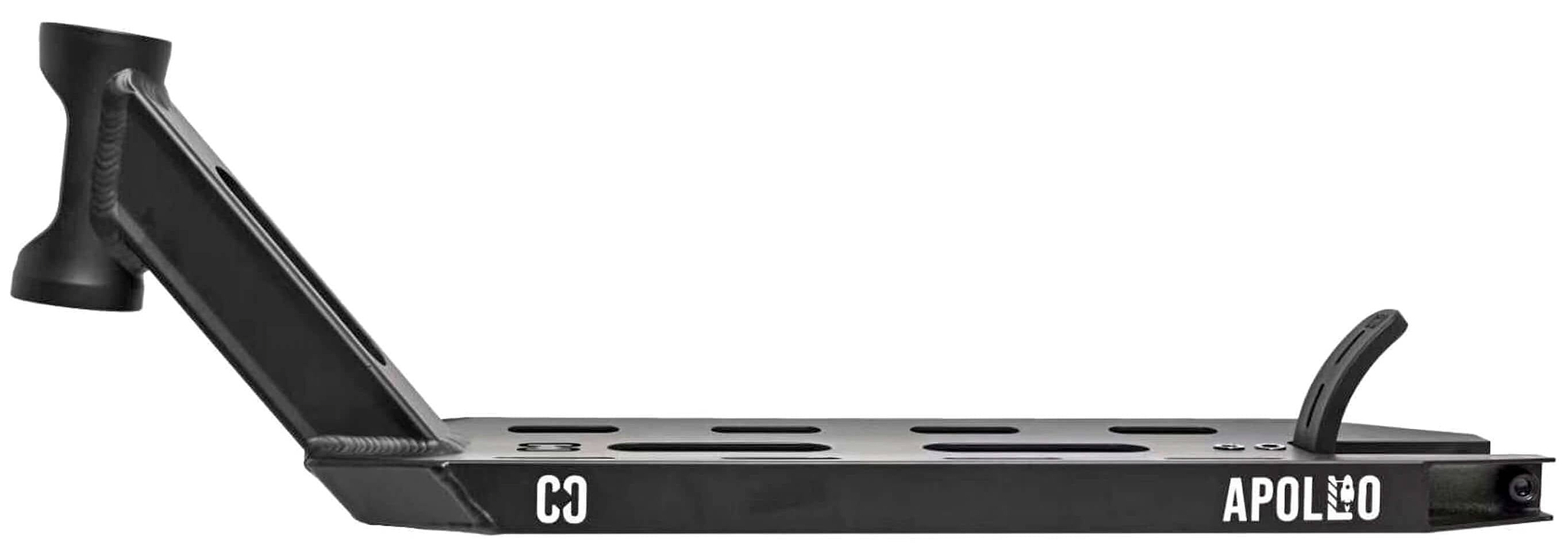 The CORE Apollo Black Stunt Scooter Deck - 5" features cutout holes, a raised front for the headset, "APOLLO" printed on the side by the brake, and is lightweight yet durable for stylish performance.