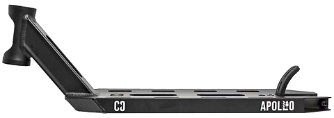 The CORE Apollo Black Stunt Scooter Deck - 5" features cutout holes, a raised front for the headset, "APOLLO" printed on the side by the brake, and is lightweight yet durable for stylish performance.