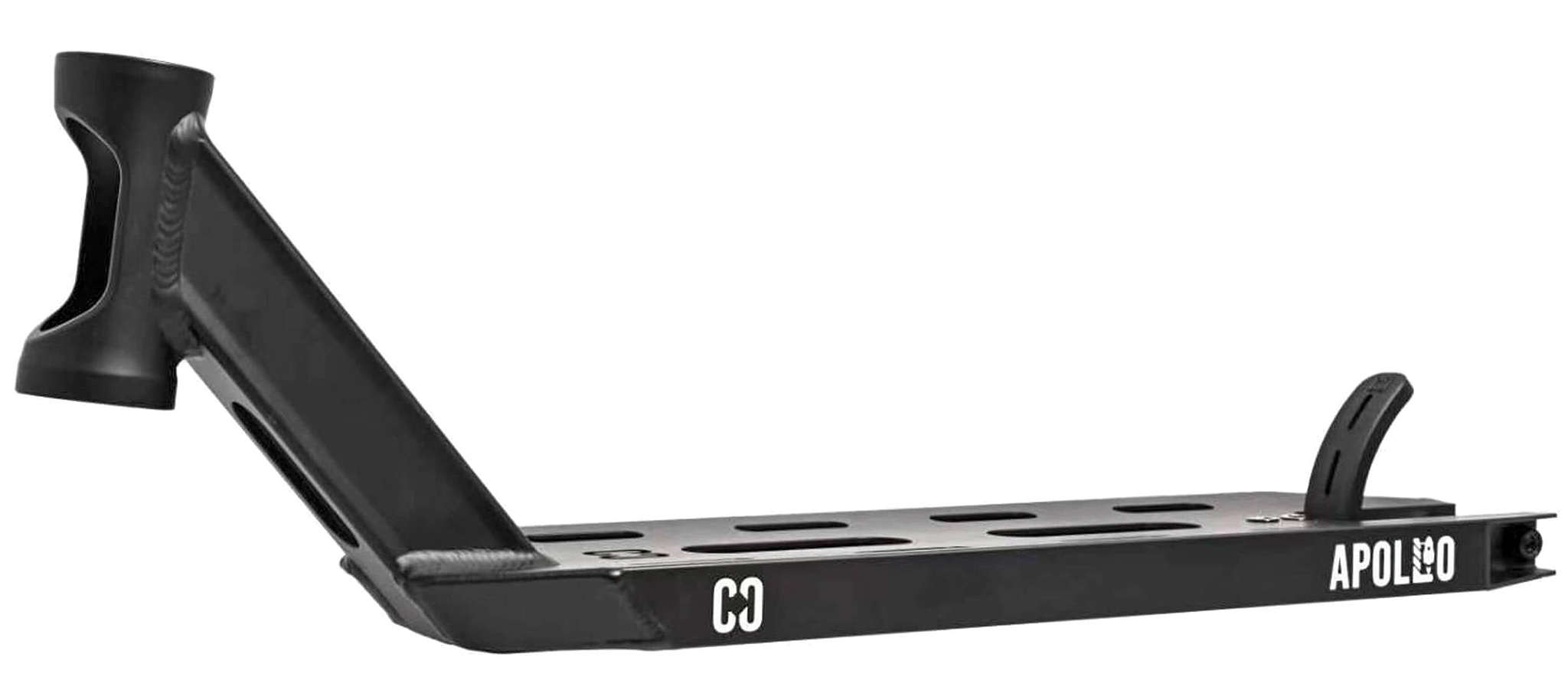 The CORE Apollo Black Stunt Scooter Deck - 5" is a durable black metal deck with cutout holes, an angled head tube, and "APOLLO" printed in white on the side.