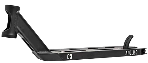 The CORE Apollo Black Stunt Scooter Deck - 5" is a durable black metal deck with cutout holes, an angled head tube, and "APOLLO" printed in white on the side.