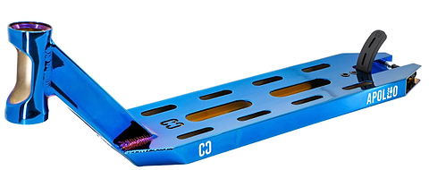 The CORE Apollo Blue Neo Stunt Scooter Deck - 5" features a blue metallic finish with cut-out slots, left-side head tube, right-side brake, and "CORE" branding—ideal for riders wanting a lightweight scooter deck.