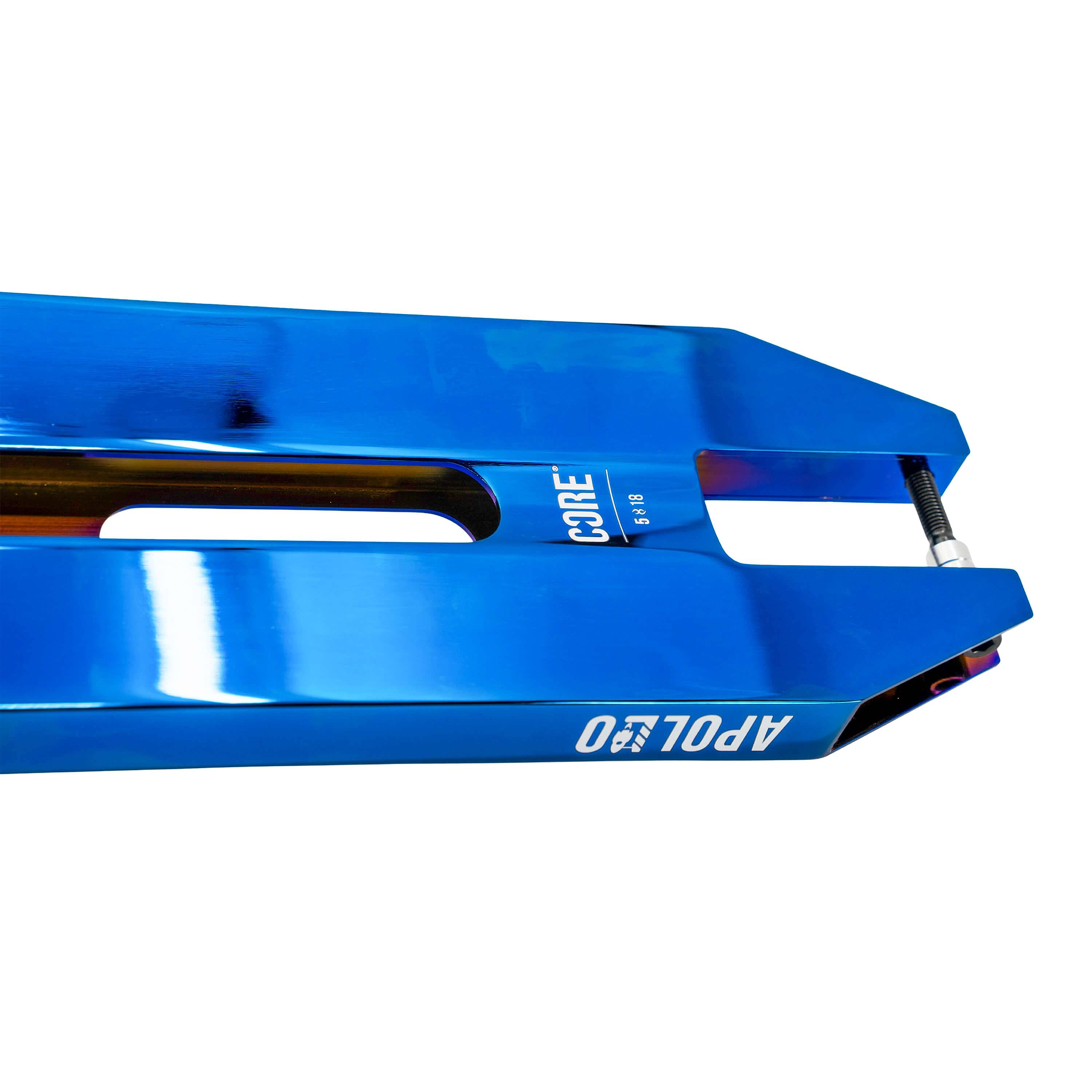 Close-up of the CORE Apollo Blue Neo Stunt Scooter Deck (5"), a lightweight metallic blue deck with "CORE" branding, featuring a rear axle bolt and a central open slot.