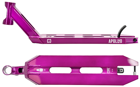 Two views of the CORE Apollo Purple Stunt Scooter Deck - 5": a side angle showing mounting holes and "CORE" branding, plus a bottom view with cutouts, brake, and rear wheel slot. Durable metallic purple finish.