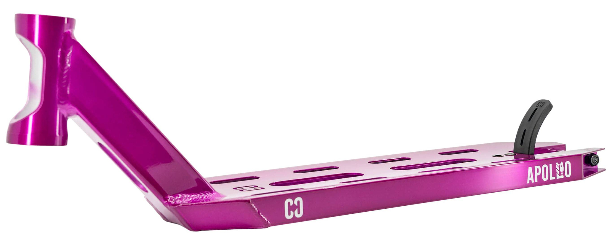 The CORE Apollo Purple Stunt Scooter Deck - 5" features a metallic purple finish, cutout slots for reduced weight, a black rear brake, and "CORE" branding on the side—engineered for durability and performance during tricks.