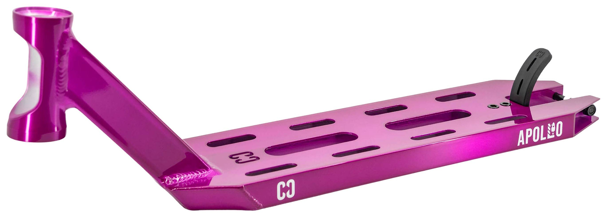 The CORE Apollo Purple Stunt Scooter Deck - 5" features cut-out slots, an angled neck, a black rear brake, and "APOLLO" printed in white near the brake for a sleek look.