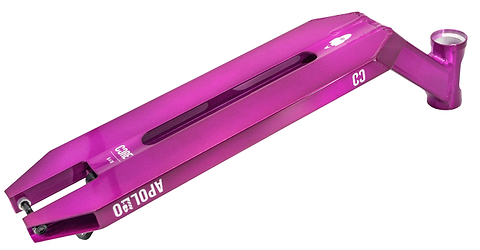 The CORE Apollo Purple Stunt Scooter Deck - 5" features a lightweight design with cutouts, flat sides, an angled head tube, and bold "CORE" branding—ideal for assembling a high-performance trick or stunt scooter.