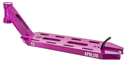 The CORE Apollo Purple Stunt Scooter Deck - 5" by CORE features a metallic pink finish, rectangular cutouts, an angled neck, and “APOLLO” and “CO” on the side. The lightweight deck's brake is rear-mounted.