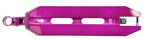 The CORE Apollo Purple Stunt Scooter Deck - 5" is a shiny metallic purple deck with two rectangular center cutouts, Core branding on the side, and a rear axle and bolt for wheel attachment—ideal for those wanting a lightweight scooter deck.