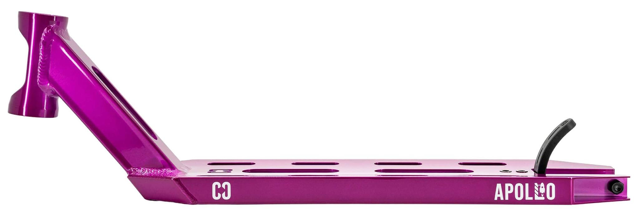The CORE Apollo Purple Stunt Scooter Deck - 5" is a lightweight, durable deck with cut-out slots, a black rear brake, and "APOLLO" in white on the side. Side view shown against white background. Brand: CORE.