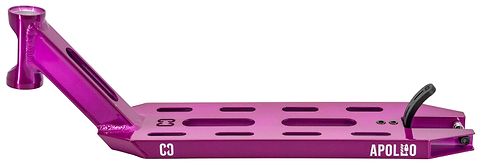 The CORE Apollo Purple Stunt Scooter Deck - 5" features a metallic purple finish, cut-out slits, integrated head tube and footplate, rear brake, and "APOLLO" printed in white on the side.