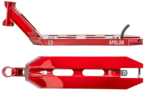 Two views of the CORE Apollo Red Stunt Scooter Deck - 5": a side profile featuring “APOLLO” and “CORE” branding, and a top view highlighting its rectangular, lightweight deck design with cutouts and rear brake.
