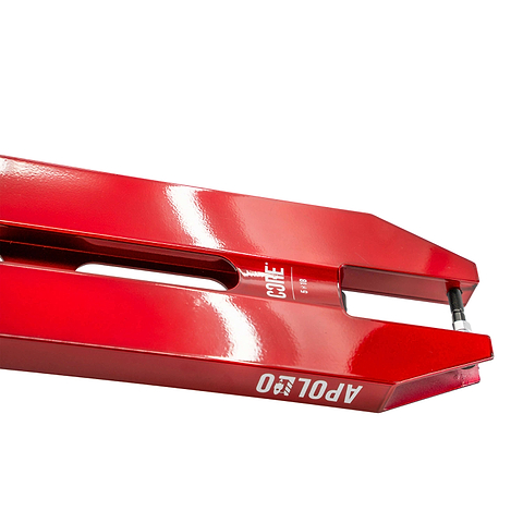 Close-up of a shiny red fork attachment labeled “APOLLO” and “CONE T,” with a rectangular slot and bolt at the tapered end; its durability rivals the CORE Apollo Red Stunt Scooter Deck - 5" by CORE, used for material handling equipment.