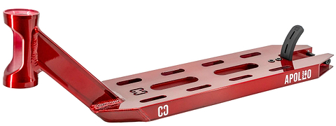 The CORE Apollo Red Stunt Scooter Deck - 5" features multiple cut-out slots, a rear brake, and "APOLLO" branding on the side—ideal as a lightweight trick scooter deck.