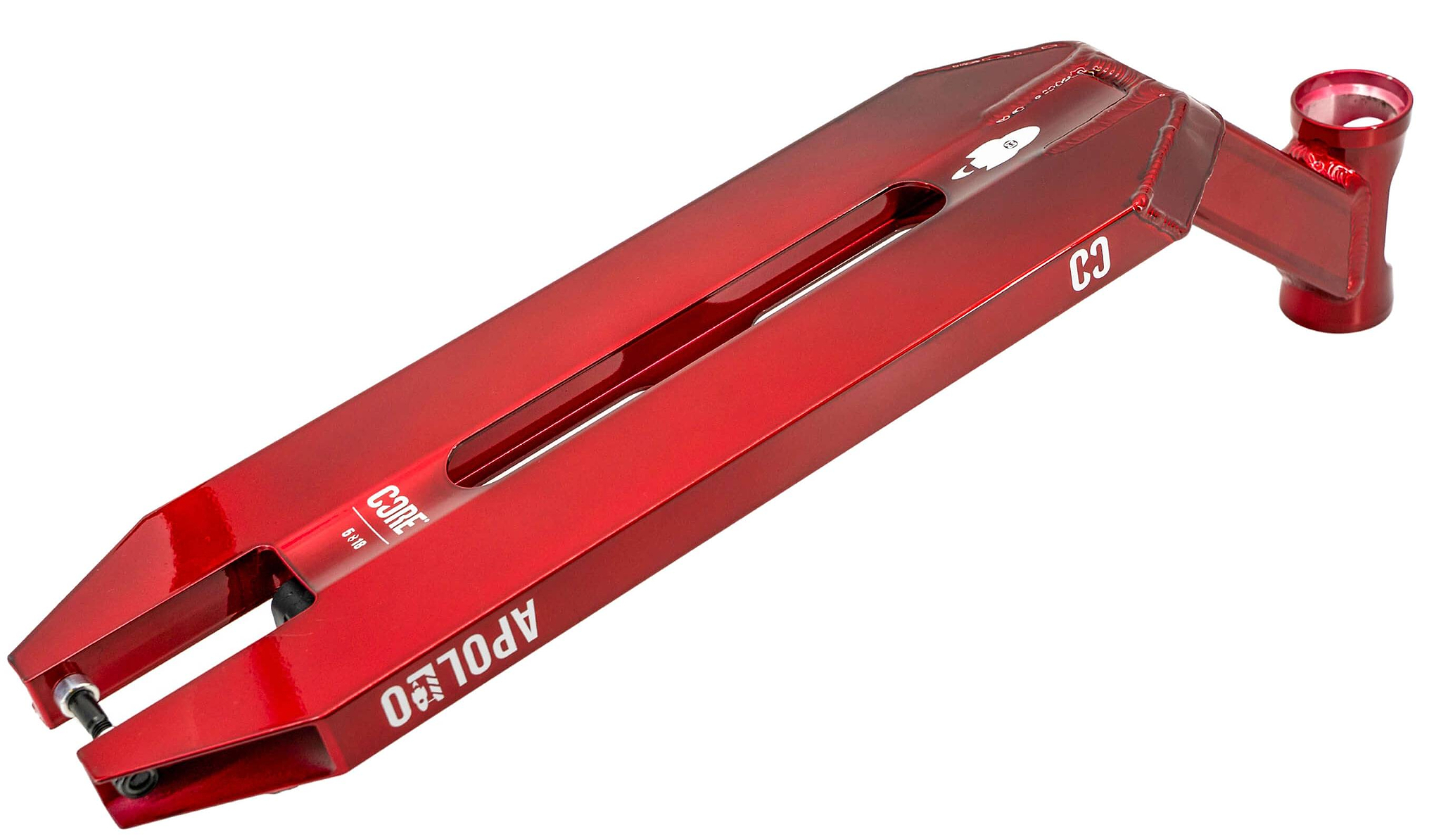 The CORE Apollo Red Stunt Scooter Deck - 5" features a sleek, angular design with a cutout center and "APOLLO 5.0" and "CORE C3" labels, blending style and durability for top performance.