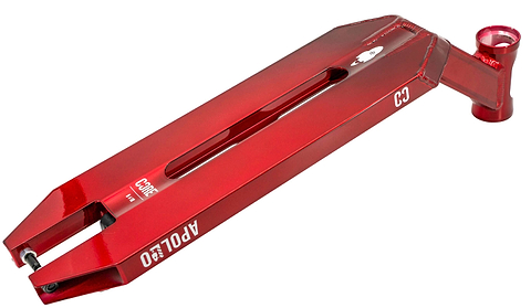 The CORE Apollo Red Stunt Scooter Deck - 5" features a sleek, angular design with a cutout center and "APOLLO 5.0" and "CORE C3" labels, blending style and durability for top performance.