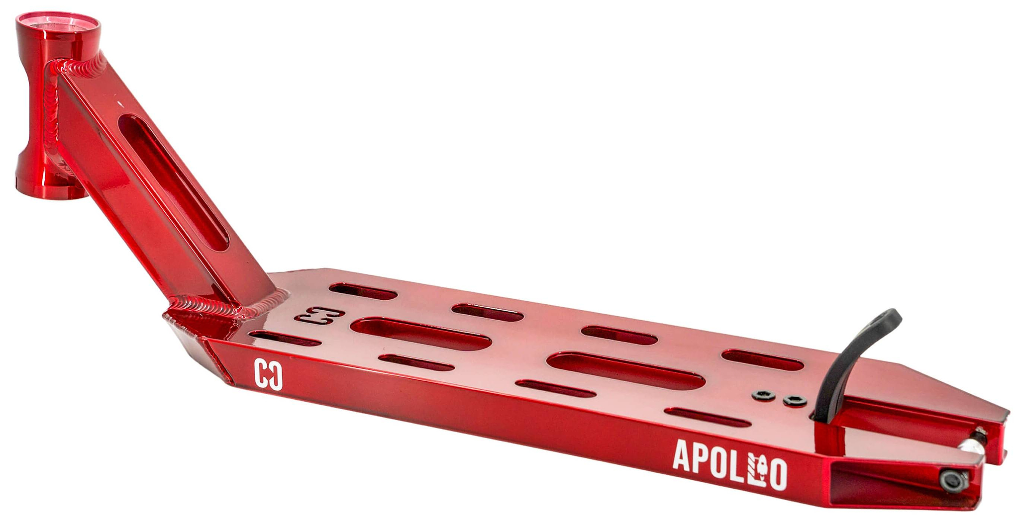 The CORE Apollo Red Stunt Scooter Deck - 5" features cut-out slots for weight reduction, a vertical neck, and white side branding. This metallic, lightweight deck by CORE is perfect for freestyle scooters.