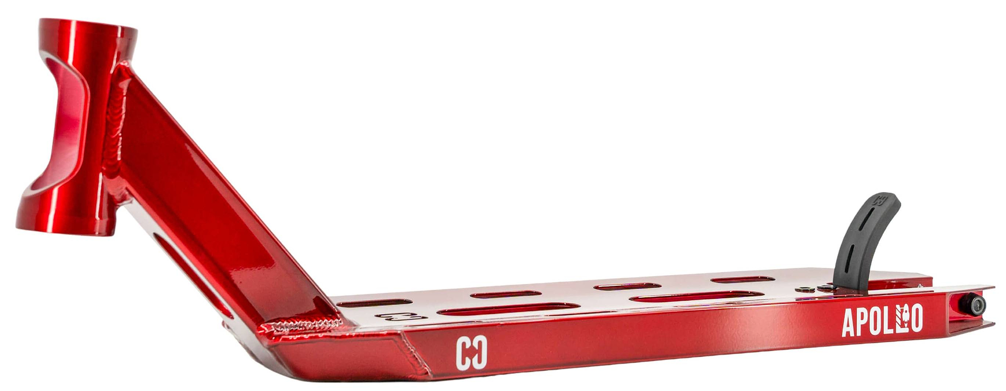 The CORE Apollo Red Stunt Scooter Deck - 5" is a lightweight red metal deck with slanted neck, cutout slots, bold white "CORE" and "APOLLO" logos, and a black curved rear brake—durable and built for lasting stunt performance.