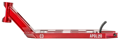 The CORE Apollo Red Stunt Scooter Deck - 5" features a red metal design with cut-out sections, white "APOLLO" and "CO" branding on the side, an angled headtube, and a black rear brake for durability.