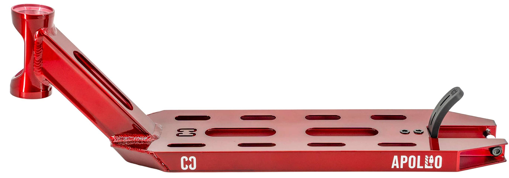 The CORE Apollo Red Stunt Scooter Deck - 5" features a durable red design with multiple cutouts, a headtube for handlebars, rear brake mount, and "APOLLO" branding near the back wheel.