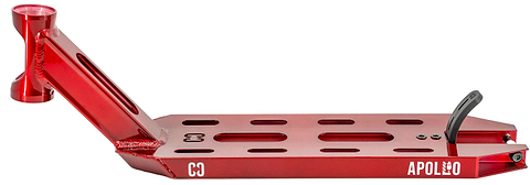 The CORE Apollo Red Stunt Scooter Deck - 5" features a durable red design with multiple cutouts, a headtube for handlebars, rear brake mount, and "APOLLO" branding near the back wheel.