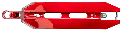 A top view of the CORE Apollo Red Stunt Scooter Deck - 5" shows central cut-outs, reinforced edges, and "CORE" branding near the rear—a lightweight, durable deck designed for stunts.