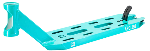 The CORE Apollo Teal 5" Stunt Scooter Deck features cut-out slots, a lightweight design, left-side head tube, right-side brake, and "APOLLO" and "CO" printed on the side.