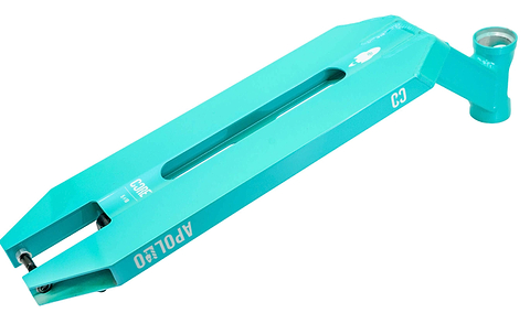 The CORE Apollo Teal Stunt Scooter Deck - 5" is a lightweight, affordable deck in teal with "APOLLO" and "CORE C3" labels, a center cutout, and an angled view highlighting the top surface and rear axle mount.