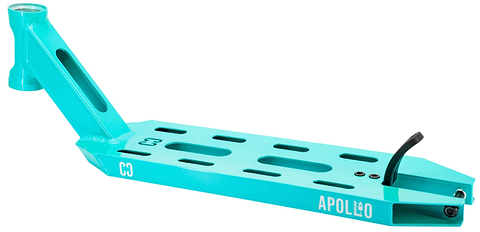 The CORE Apollo Teal Stunt Scooter Deck - 5" features a turquoise design with cut-out slots, a black brake, and "APOLLO" in white on the side. This lightweight deck is shown angled to display both its top and side profiles.