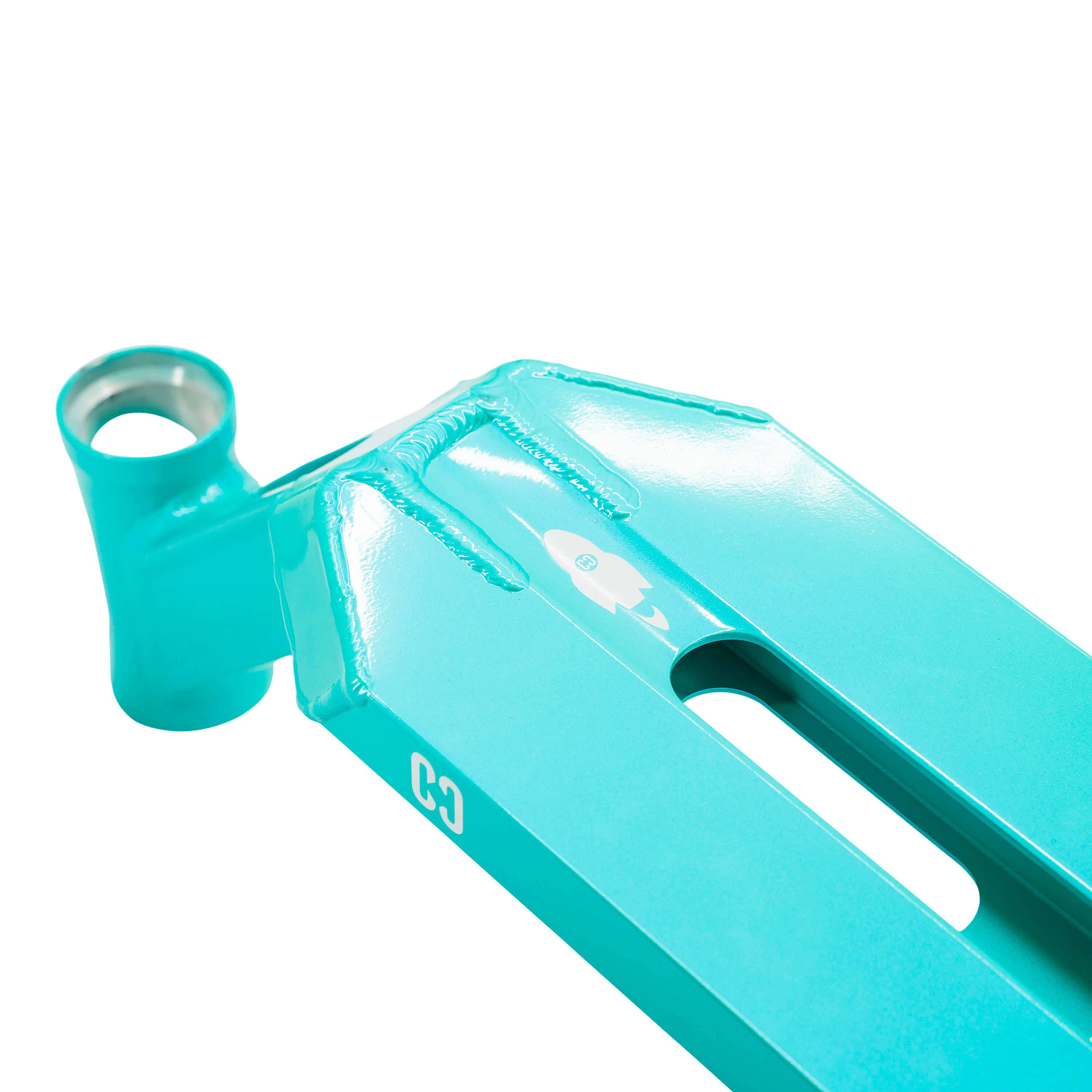 Close-up of the CORE Apollo Teal Stunt Scooter Deck - 5" by CORE, featuring a rounded headtube on the left, visible welds, a central rectangular cutout, and "C3" printed in white on the side.
