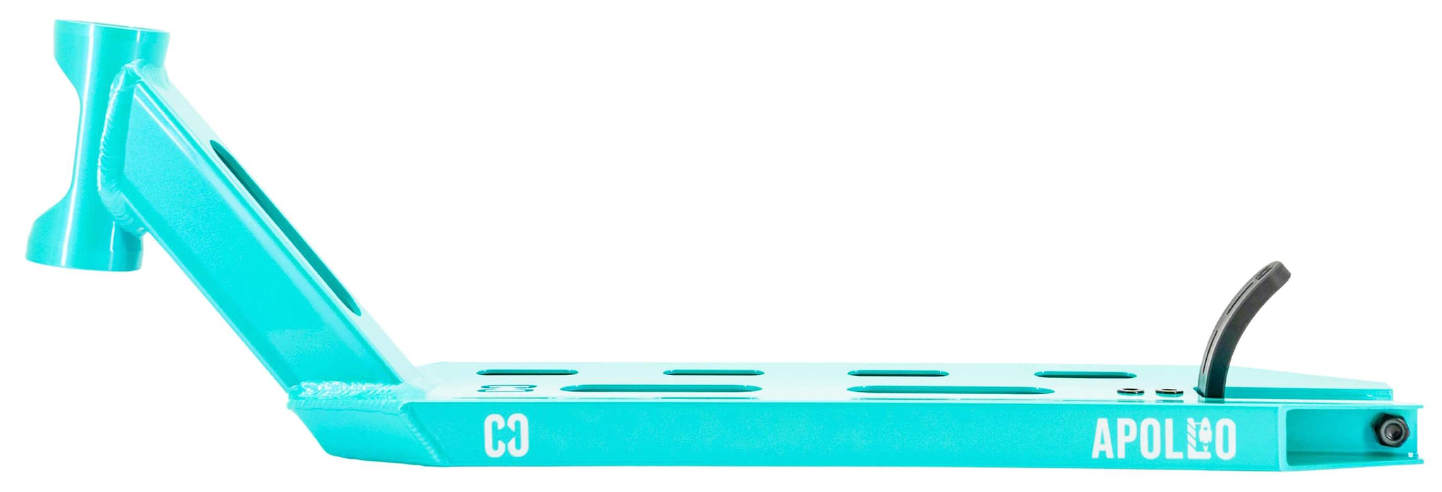 The CORE Apollo Teal Stunt Scooter Deck - 5" by CORE features cutout slots, an angled headtube, "APOLLO" side print, lightweight design, and a rear brake for smooth, controlled rides.