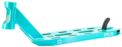 The CORE Apollo Teal Stunt Scooter Deck - 5" features cut-out slots for reduced weight, a black rear brake, and "APOLLO" branding on the side.