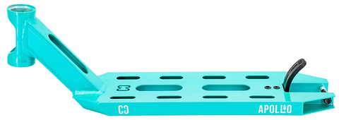 The CORE Apollo Teal Stunt Scooter Deck - 5" by CORE features a teal rectangular design, cut-out slots, a raised neck for handlebars, and "APOLLO" printed near the rear wheel. This lightweight deck combines performance with style.