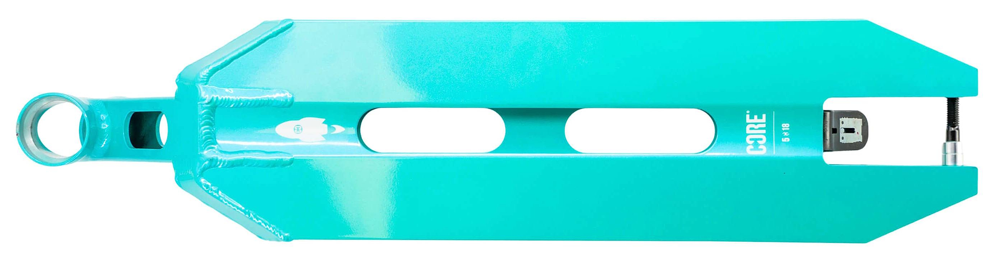 The CORE Apollo Teal Stunt Scooter Deck - 5" by CORE is shown from above, featuring a lightweight metal build with two long cutouts, a circular opening at one end, and "CORE" printed in white near the other.