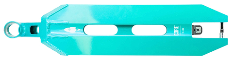 The CORE Apollo Teal Stunt Scooter Deck - 5" by CORE is shown from above, featuring a lightweight metal build with two long cutouts, a circular opening at one end, and "CORE" printed in white near the other.