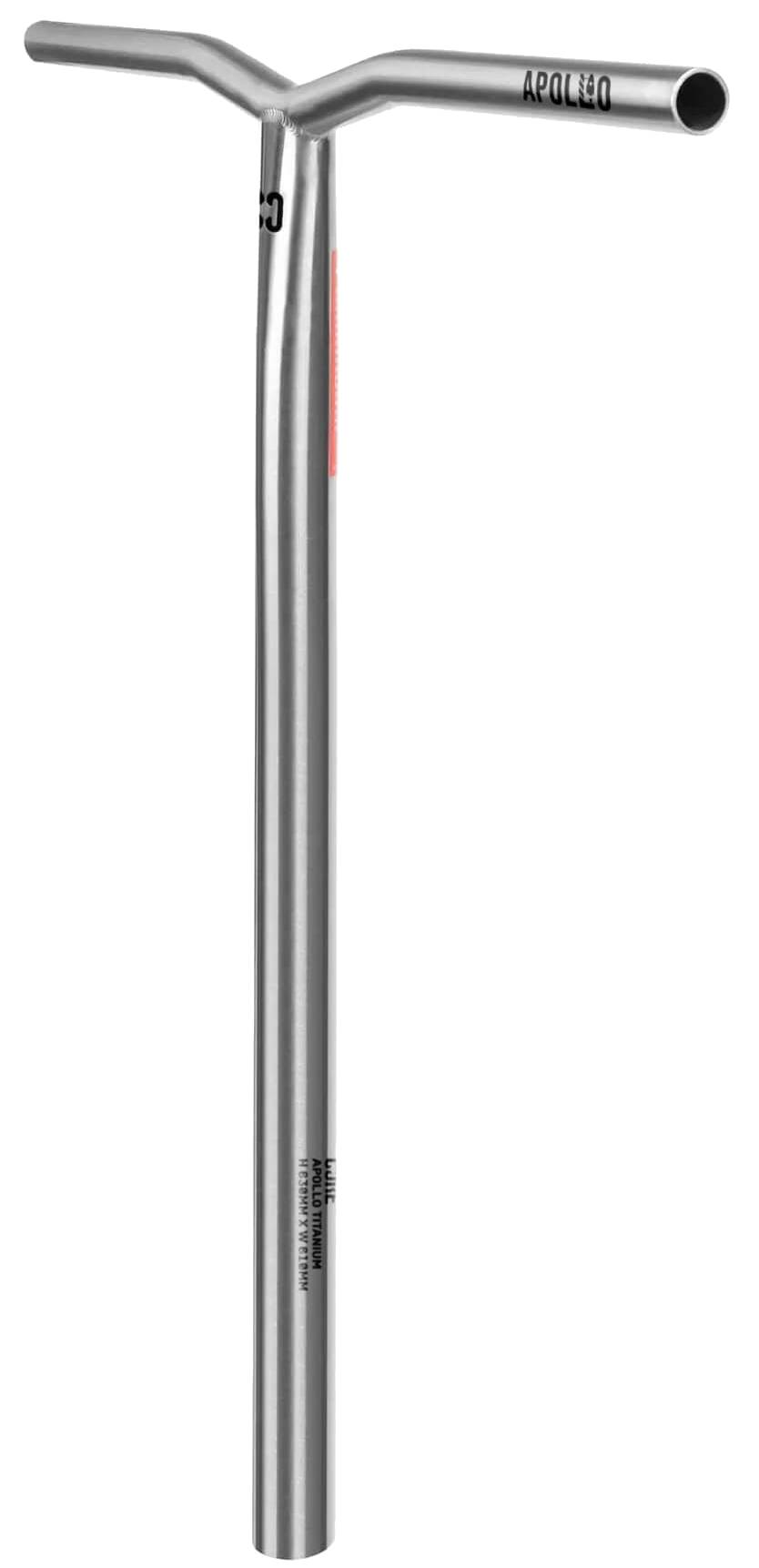 The CORE Apollo Titanium HIC Oversized Stunt Scooter Bars in Raw (630mm x 610mm) feature a Y-shaped silver metal design with black text labels, offering a smooth, reflective finish and minimalist style for a lightweight, sleek ride.