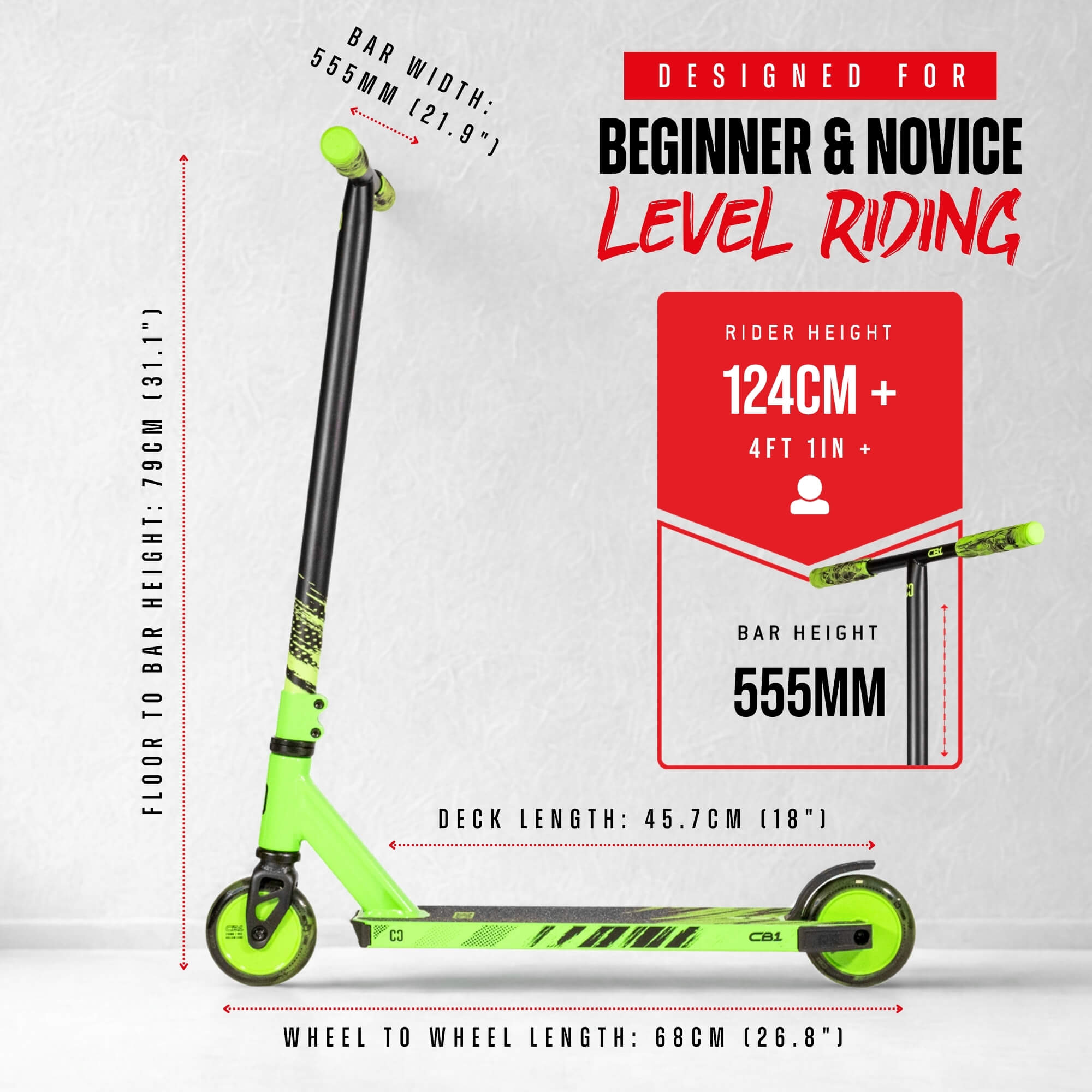 The CORE CB1 Beginner Complete Stunt Scooter by CORE is shown in black and green, featuring labeled measurements: floor to bar height 79cm, bar width 55.5cm, deck length 45.7cm, and wheel-to-wheel length 68cm. Text highlights it as an ideal novice-level stunt scooter for beginners.