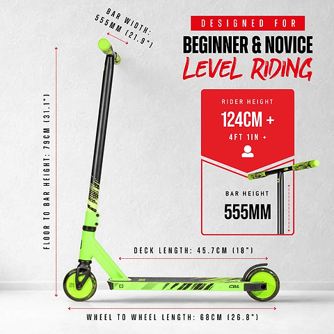 The CORE CB1 Beginner Complete Stunt Scooter by CORE is shown in black and green, featuring labeled measurements: floor to bar height 79cm, bar width 55.5cm, deck length 45.7cm, and wheel-to-wheel length 68cm. Text highlights it as an ideal novice-level stunt scooter for beginners.