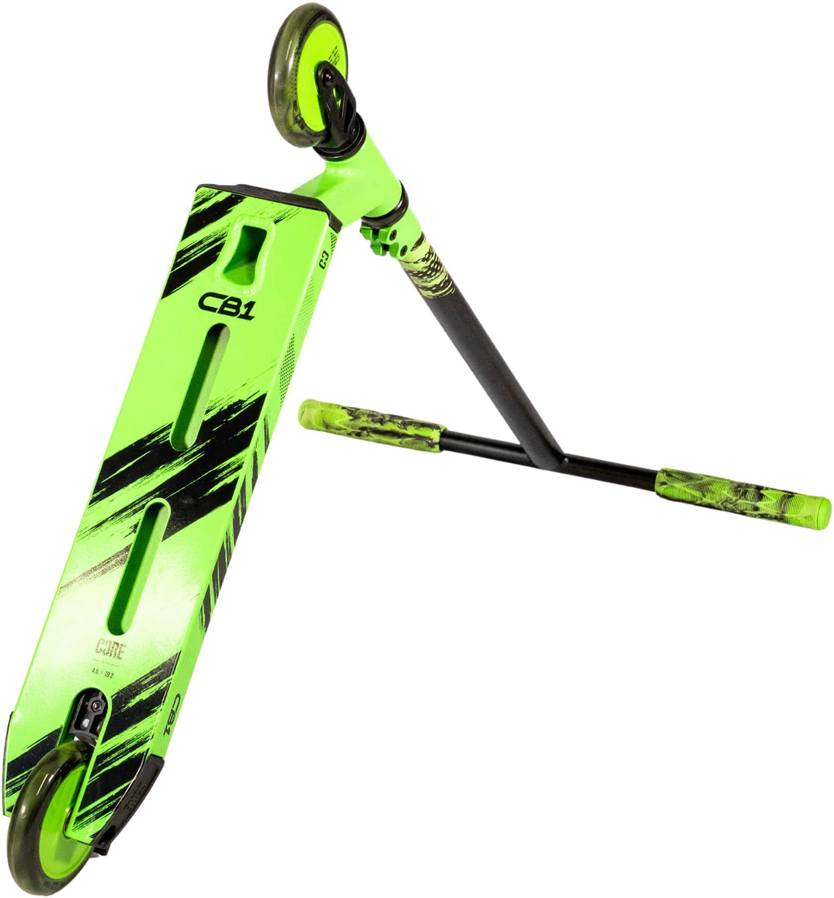 A CORE CB1 Beginner Complete Stunt Scooter by CORE in black and green is shown. The scooter is tipped on its side, displaying the deck, handlebars, and wheels. The deck features a bold “CB1” design, making it an ideal stunt scooter for kids who are just starting out.
