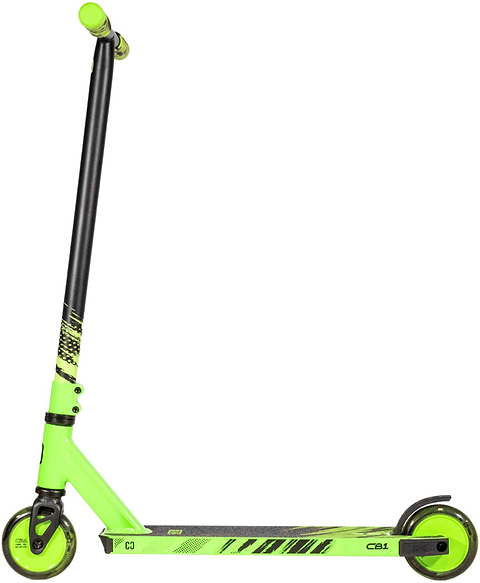 A vibrant black and neon green CORE CB1 Beginner Complete Stunt Scooter by CORE, featuring two wheels, a long handlebar, and a textured deck—displayed from the side against a white background—making it an ideal choice for kids starting out with stunt scootering or learning new tricks in style.